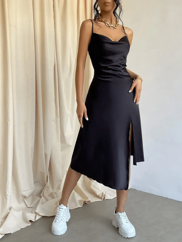 Black Slit Satin Dress