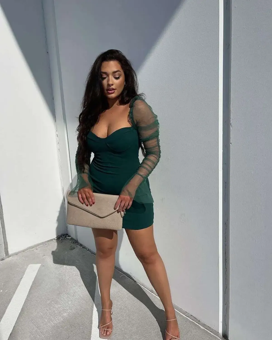 Rushed Sleeves Green Bodycon Dress