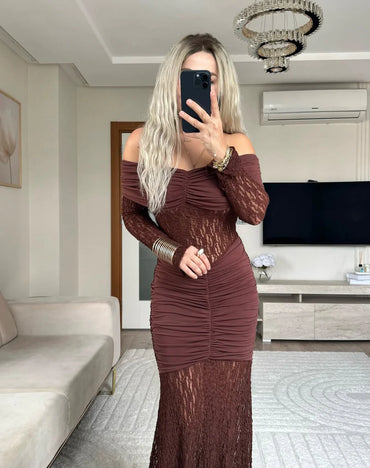Oliv Lace Brown Maxi Dress