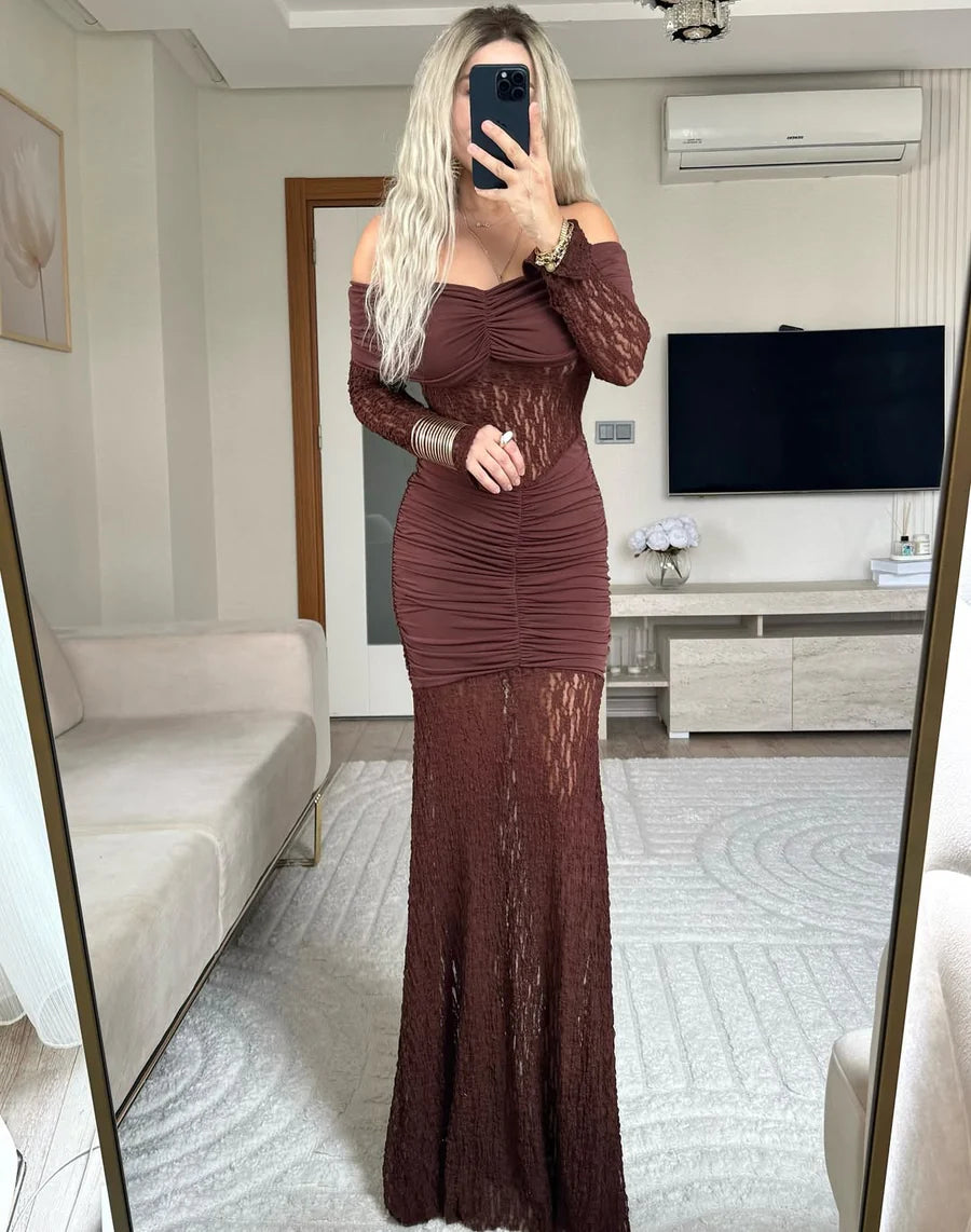 Oliv Lace Brown Maxi Dress