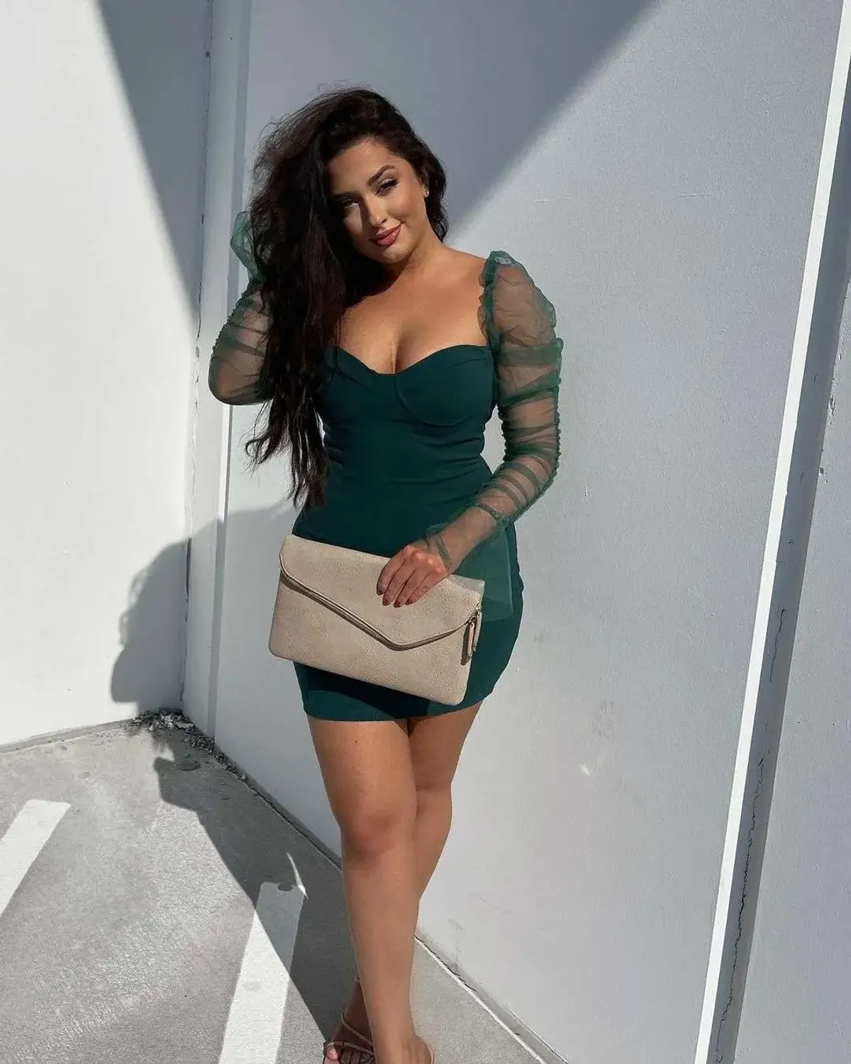 Rushed Sleeves Green Bodycon Dress