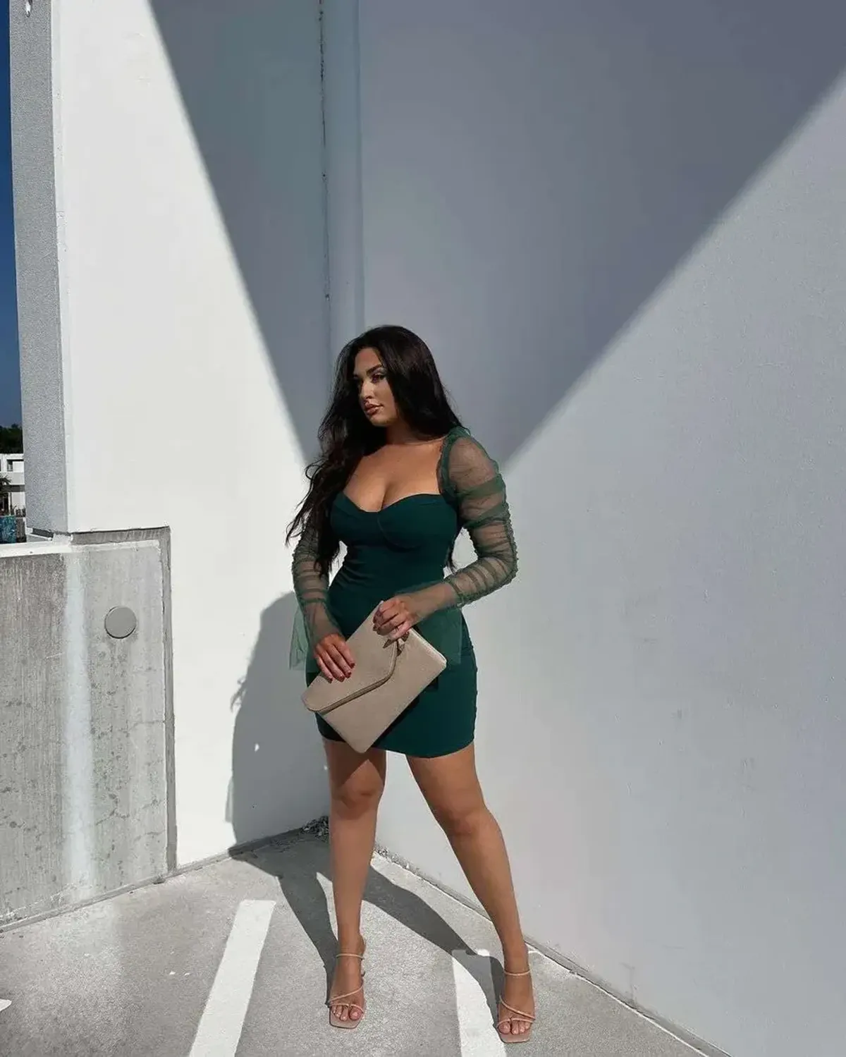Rushed Sleeves Green Bodycon Dress