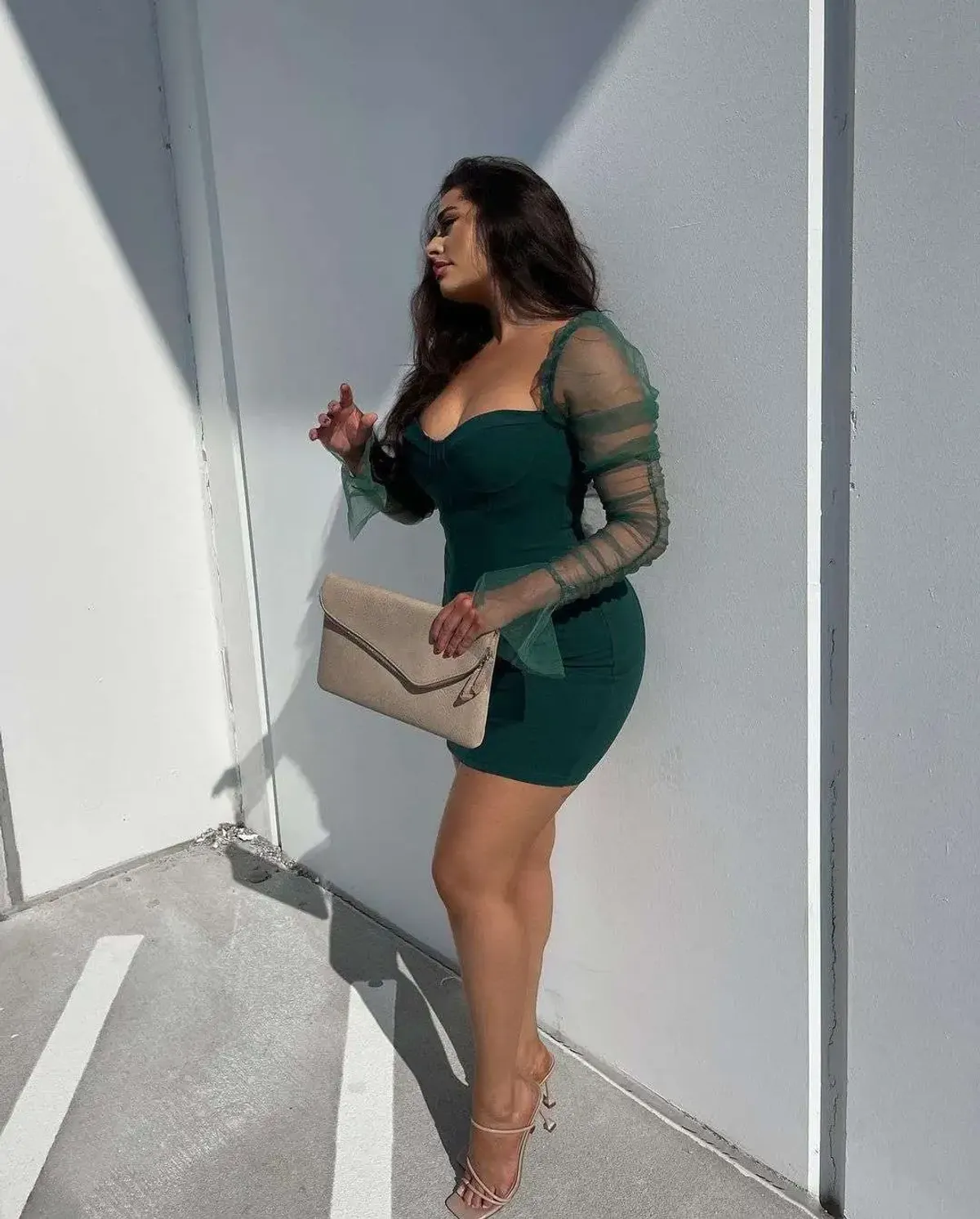 Rushed Sleeves Green Bodycon Dress