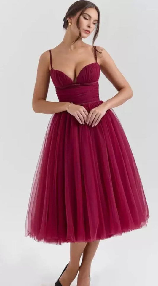 Wine Mesh Midi Dress