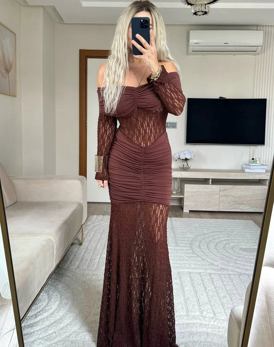 Oliv Lace Brown Maxi Dress
