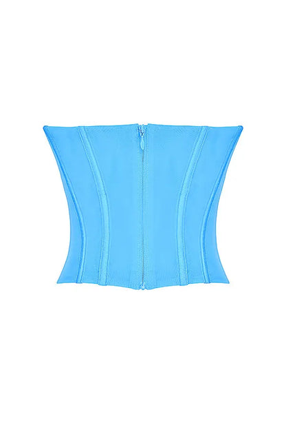 Blue Off Shoulder Fitted Mesh Corset Top For Women