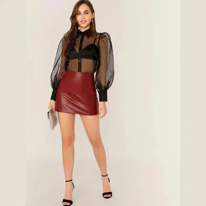 Black Satin Mesh Oversize Shirt With Puffed Sleeves For Women