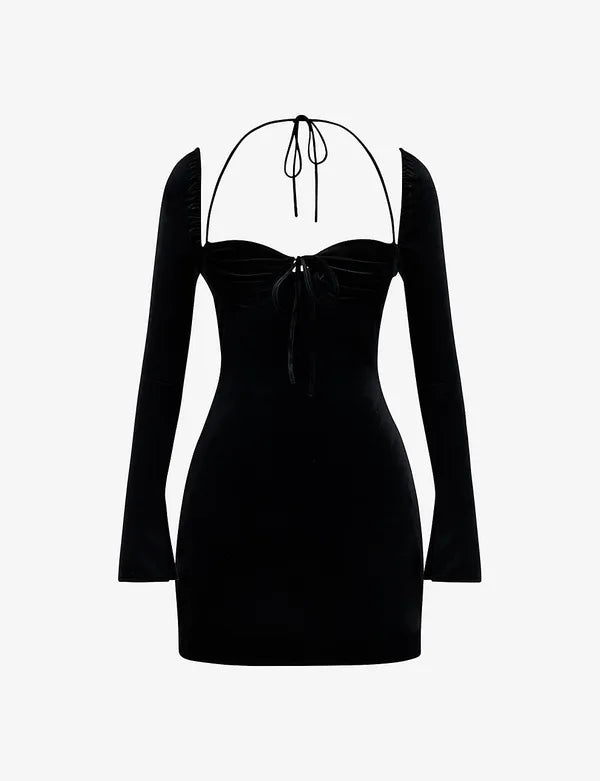 Black One Piece Short Dress Deep Neck For Women