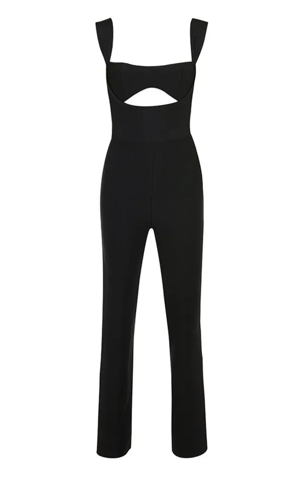 Black Deep Neck Cutout Jumpsuit With Strap Sleeves For Women