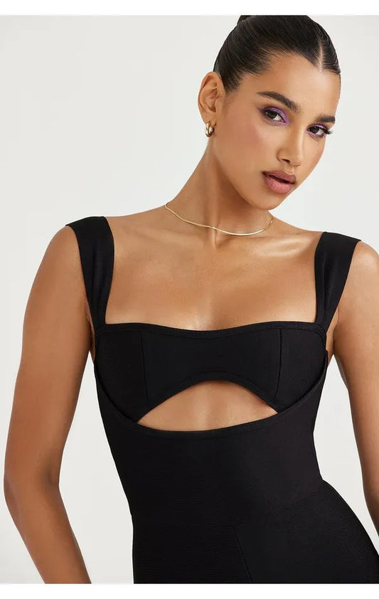 Black Deep Neck Cutout Jumpsuit With Strap Sleeves For Women