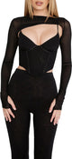 Black Bustier Cutout Mesh Crop Top For Women