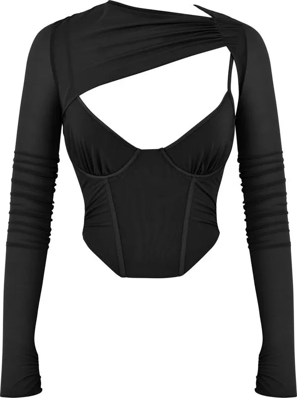 Black Bustier Cutout Mesh Crop Top For Women